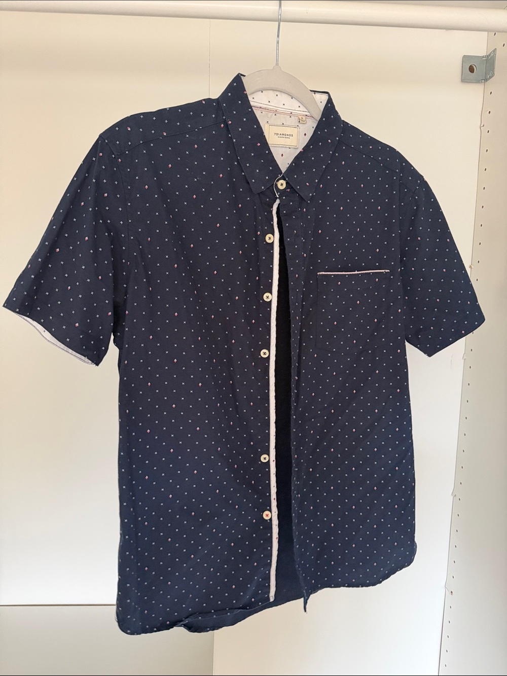 Seven diamonds  Navy Short-Sleeve Button-Down Shirt with White & Pink Dot Detail